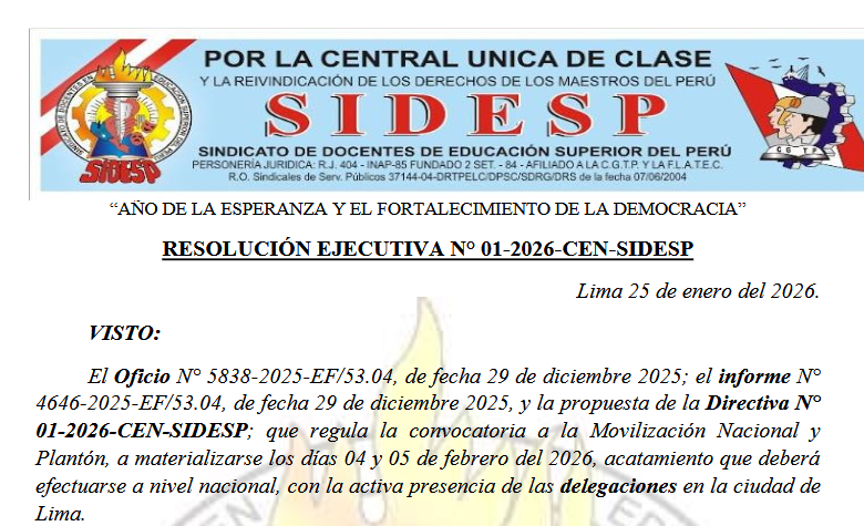 RESOLUCIÓN EJECUTIVA N° 01-2026-CEN-SIDESP