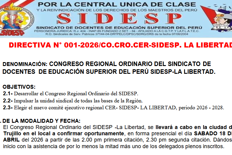 DIRECTIVA N° 001-2026/CO.CRO.CER-SIDESP. LA LIBERTAD