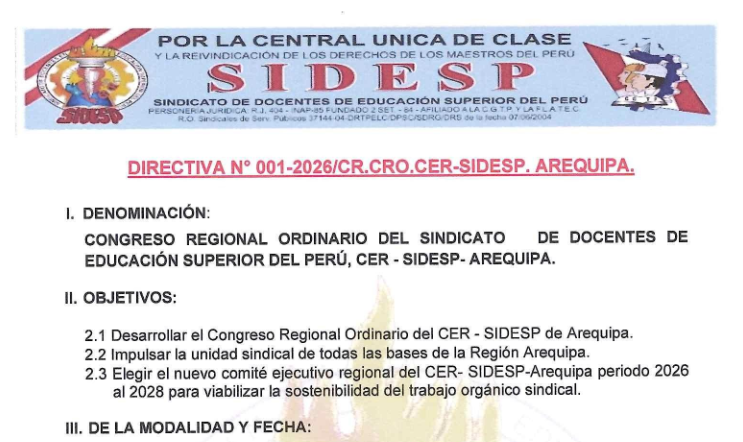 DIRECTIVA N° 001 – 2026.CO.CER- SIDESP.AREQUIPA